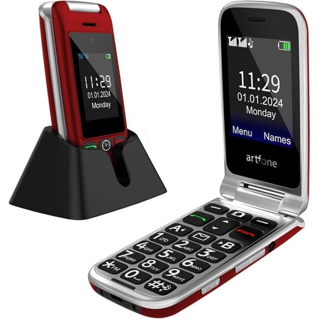 artfone G6 - 4G LTE Flip Phone Unlocked, Cell Phone for Seniors, Dual Screen, Seniors Flip Phone, Large Button Keypad, SOS Button, Camera, Flashlight, Charging Dock, Speed Dial, Dumb Phone, Red
