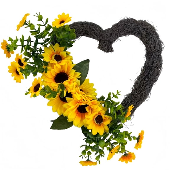 Artificial Sunflower Wreath Artificial Sunflower Heart Wreath, Plastic Sunflower Wreath with Leaves forFront Door Wall Decor, Wedding Party Home Decor Heart Wreath