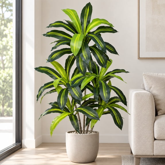 4Ft DIY-Friendly Artificial Dracaena Tree, Real Touch Tropical Faux Floor Plant, Potted Silk Tree, Swap Custom Decor Planters for Home Office Indoor Outdoor Decor