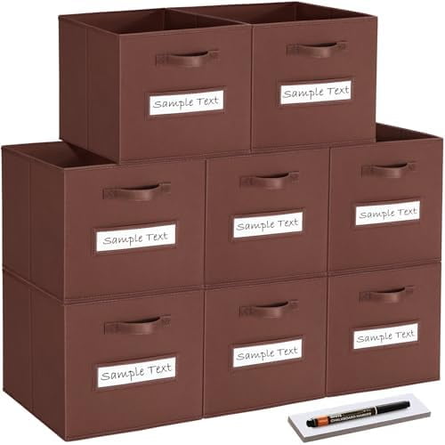 13x13x13 Storage cube bins(Set of 8) Fabric storage cubes with 8 Labels Window Cards & a Pen, Storage cubes 13x13, Collapsible 13 inch Cube storage bins, Cubby Organizer Boxes, Brown