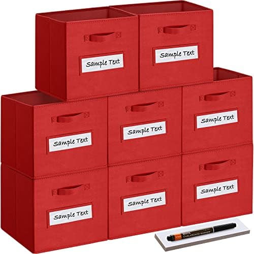 artsdi 13x13x13 storage cube bins(Set of 8) Fabric storage cubes with 8 Labels Window Cards & a Pen, storage cubes 13x13, Collapsible 13 inch cube storage bins, Cubby Organizer Boxes, Red
