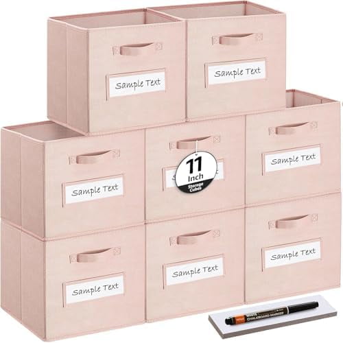 Fabric storage cubes (Set of 8) 11 Inch Cube Storage Bin, Cube storage with 8 Labels Window Cards & a Pen, Foldable cube organizer bins,11x11 Storage bin, Cubby Organizer Boxes, Pink