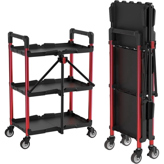 Asdfgh 3 Tier Collapsible Utility Service Cart, Foldable Rolling Tool Storage Cart with Wheels, Heavy Duty Portable Pack-N-Roll Organizer Cart