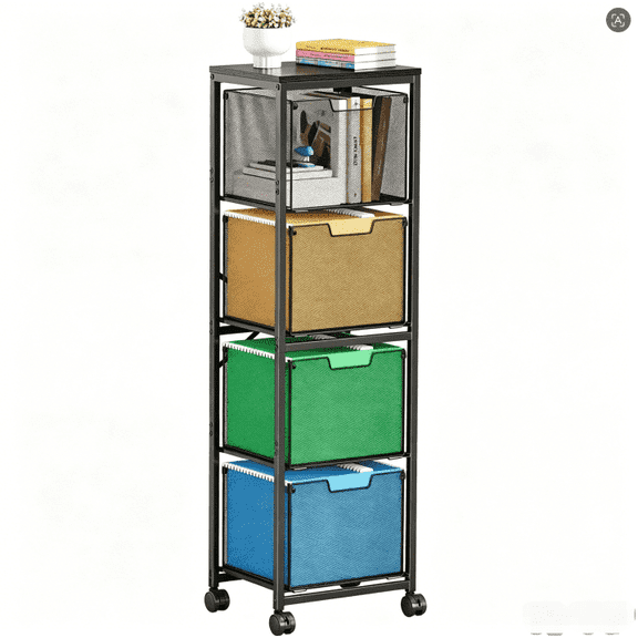 4 Drawer Black Metal Rolling File Cart with Removable Fabric Storage Bins for Office Document Organization