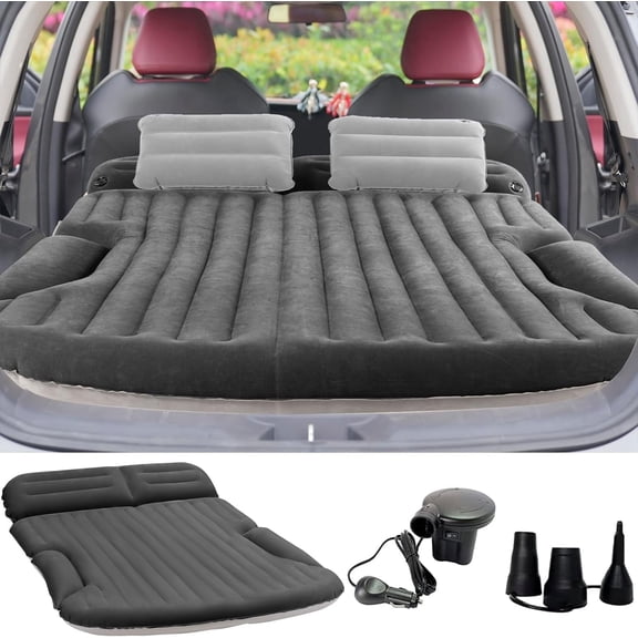 Asdfgh Thickened Car Air Mattress for SUV Sedan, Double-Sided Flocking Inflatable Travel Camping Bed with Electric Pump & 2 Pillows, Portable Back Seat Sleeping Pad for Road Trips