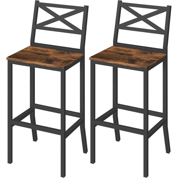 Asdfgh Set of 2 Industrial Bar Stools, 26" Counter Height Bar Chairs with Backrest and Footrest, Rustic Wood Bar Stools for Kitchen Island, Home Bar