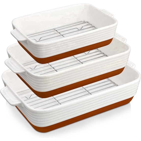3-Piece Khaki White Rectangular Ceramic Baking Dish Set with Stainless Steel Roasting Racks