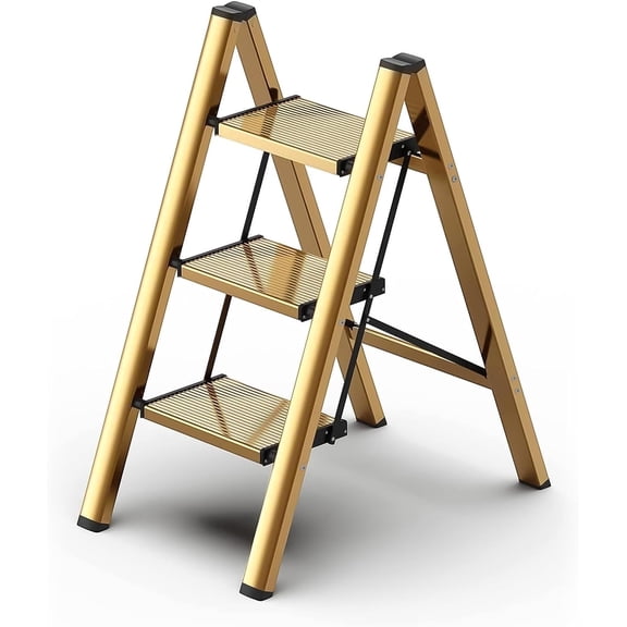 Foldable 3 Step Aluminum Step Stool, Slim Gold Portable Ladder with Non-Slip Wide Pedal