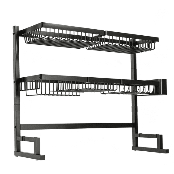 Expandable over the Sink Two-Tier Dish Drying Rack, Adjustable Length & Height Snap-On Kitchen Storage Organizer, 31-39.4L x 12W x 34-38H Inches