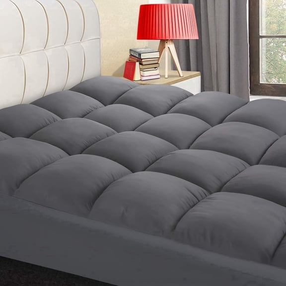 Queen Size Grey Fluffy Pillowtop Mattress Pad with Cooling Fabric & 8-21 inch Deep Pockets