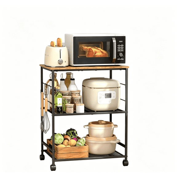asdfgh Rolling Kitchen Microwave Cart with Power Outlet, 3 Tier Microwave Table Stand with Storage, Kitchen Utility Cart on Wheels, Small Coffee
