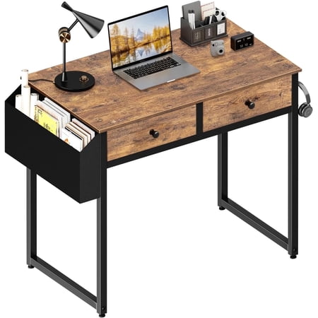 Small Computer Desk with 2 Drawers 31.5 Inch Rustic Brown