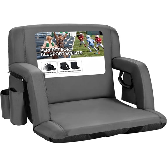 asdfgh Stadium Seats with Back Support: 2.5'' Thick Comfy Cushion 6 Adjustable Angle Bleacher Seat with Armrest - 2 Large Pockets, 2 Cup Holders