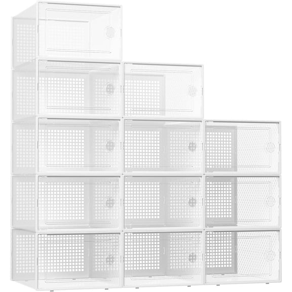 12 Pack Clear Plastic Stackable Shoe Storage Boxes, White Rigid Sneaker Organizer Bins with Door, Closet & Under Bed Shoe Storage Containers