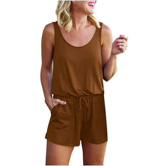 asdoklhq 2025 Summer Fall Shorts for Women Clearance $5, Womens Plus size Women's Scoop Neck Sleeveless Casual Short Jumpsuit Rompers with Pockets