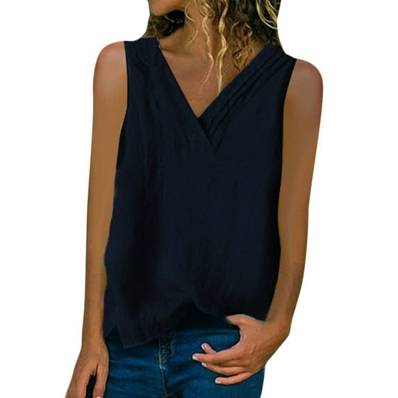 asdoklhq 2025 Summer Fall Womens Tops Clearance under $5 Womens Summer Fashion Solid Imitation Tops Shirt Casual V-Neck Sleeveless Blouse Tee Vest Navy XXL
