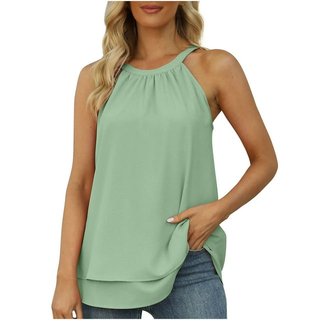 asdoklhq 2023 Summer Fall Womens Tops Clearance under $5 Womens Blouse Halter Tank Tops Summer High Neck Sleeveless Chiffon Tops Light Blue S