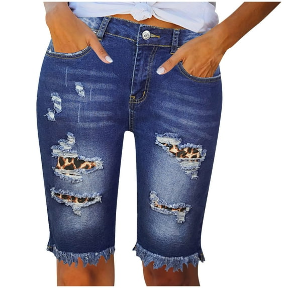 asdoklhq 2025 Summer Fall Shorts for Women Clearance $5, Womens Plus size Women Elastic Destroyed Hole Leggings Short Pants Denim High Waist Ripped Jeans