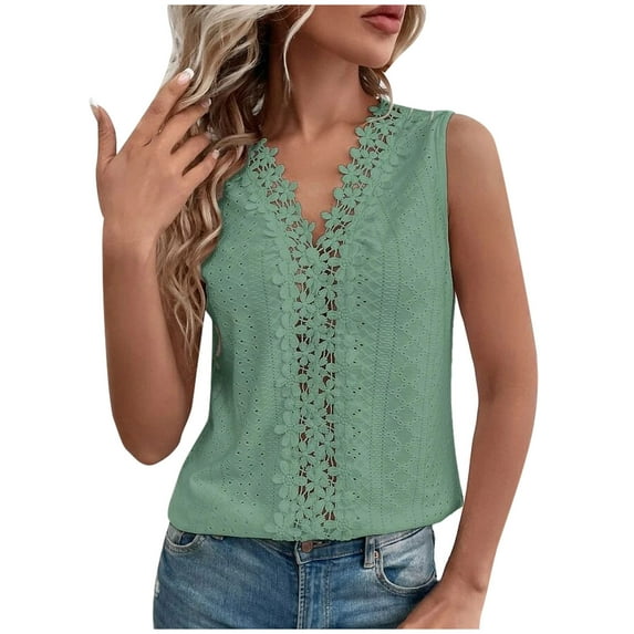 asdoklhq 2026 Summer Fall Womens Tops under $5 Fashion Women's Summer V-Neck Sleeveless Solid Lace Patchwork Casual Tank Top Blouse Green XXL