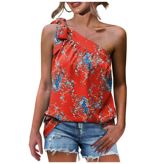 asdoklhq 2026 Summer Fall Womens Tops under $5 One Shoulder Tops for Women Summer Chiffon Shirts Tie Bow Knot Sleeveless Tank Tops Loose Fit Red XL