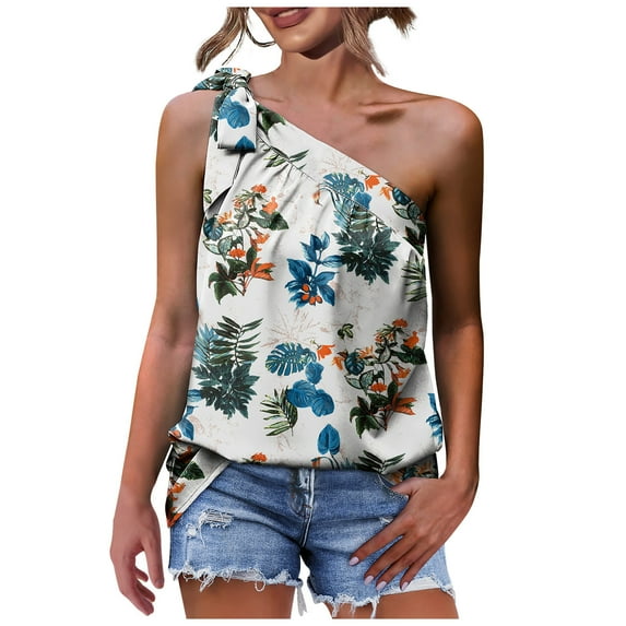 asdoklhq 2025 Summer Fall Womens Tops Clearance under $5 One Shoulder Tops for Women Summer Chiffon Shirts Tie Bow Knot Sleeveless Tank Tops Loose Fit White M