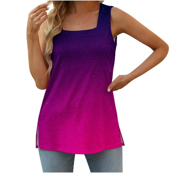 asdoklhq 2026 Summer Fall Womens Tops under $5 Women's Fashion Printed Square Neck Comfortable Loose T-Shirt Sleeveless Blouse Casual Tops Hot Pink L