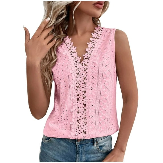 asdoklhq 2025 Summer Fall Womens Tops Clearance under $5 Fashion Women's Summer V-Neck Sleeveless Solid Lace Patchwork Casual Tank Top Blouse Pink M