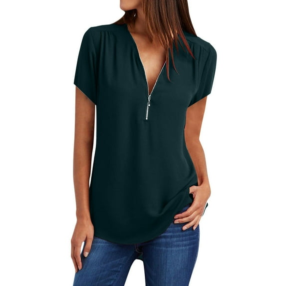 asdoklhq 2025 Summer Fall Womens Tops Clearance under $5 Women's Summer Short Sleeve Shirts Zip Casual Tunic V-Neck Rollable Blouse Tops Green S