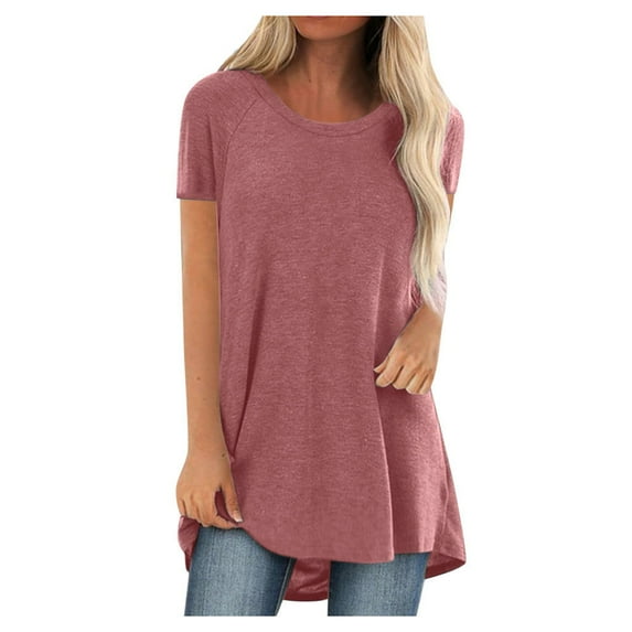 asdoklhq 2025 Womens Plus Size Clearance Women Fashion Plus Size Round Neck Short Sleeved Long T-Shirt Blouse Pink XXXL