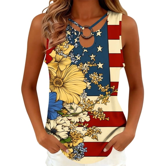 asdoklhq 4th Of July Shirts Tshirts Sleeveless Tops Women's Casual Independence Day Sleeveless Round Neck Multicolor 2X