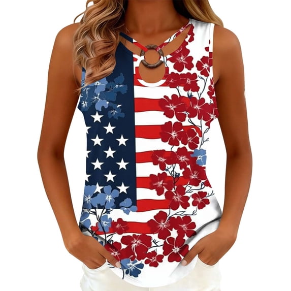 asdoklhq 4th Of July Shirts Tshirts Sleeveless Tops Women's Casual Independence Day Sleeveless Round Neck Multicolor M