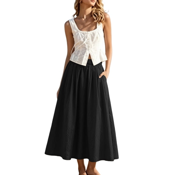 asdoklhq A Line Pleated Skirts Plus Size Flowy Elegant Women's Summer High-Waist A-Line Skirt Black M