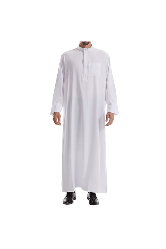 Abaya Robe Afghani Dress for Men Prayer Robe Men's Muslim Robe Arab Middle Robe Long Style Long Sleeve Standing Neck Pocket Pullover Long Shirt Fashion Casual Robe White S