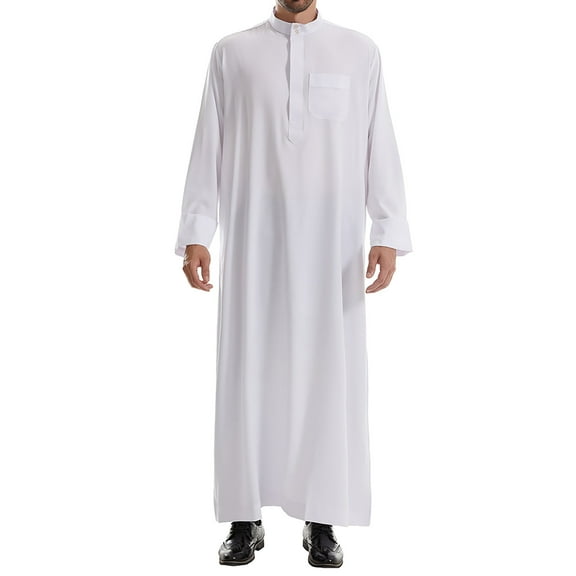asdoklhq Abaya Robe Afghani Dress for Men Prayer Robe Men's Muslim Robe Arab Middle Robe Long Style Long Sleeve Standing Neck Pocket Pullover Long Shirt Fashion Casual Robe White S
