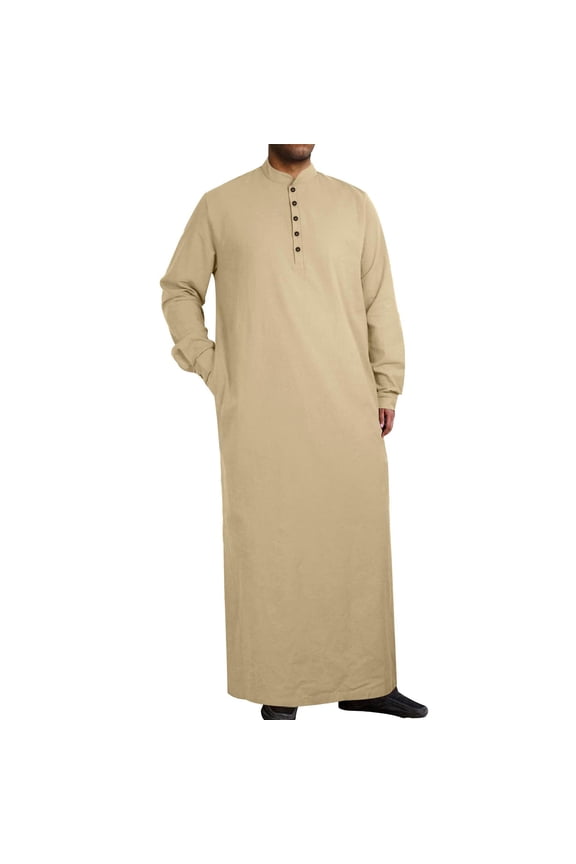 Abaya Robe Afghani Dress for Men Prayer Robe Men's Leisure Long Sleeve Long Shirt Middle Ethnic Style Casual Robe Khaki 3X