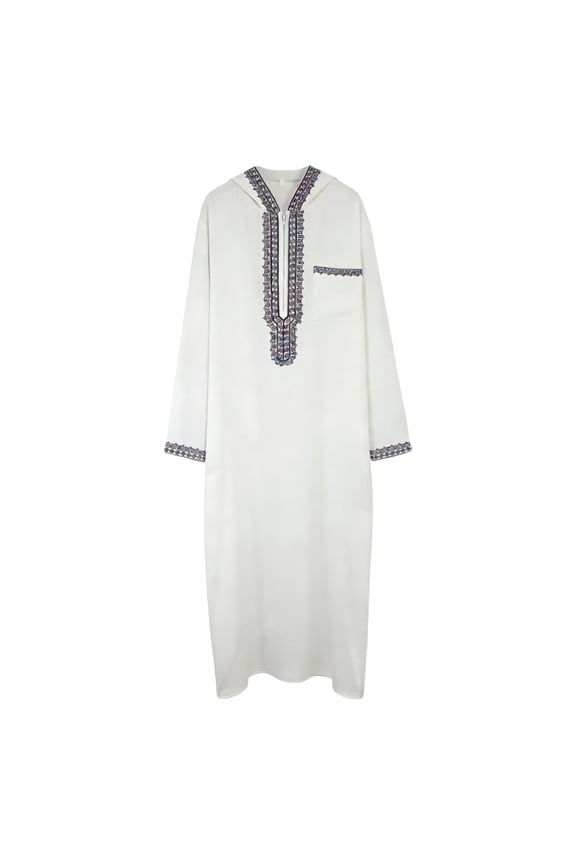 Arab Thobe Mens White Robe Afghan Mens Clothing Men's Fashionable Long Sleeved Embroidered Loose Muslim Hooded Pocket Pullover Robe White L