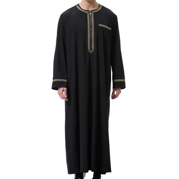 asdoklhq Arab Thobe Pakistani Dress for Men Afghani Clothes for Men Men's Muslim Robe Arab Middle Robe Long Style Long Sleeve Embroidered Standing Neck Pocket Long Shirt Fashion Casual Robe Black L