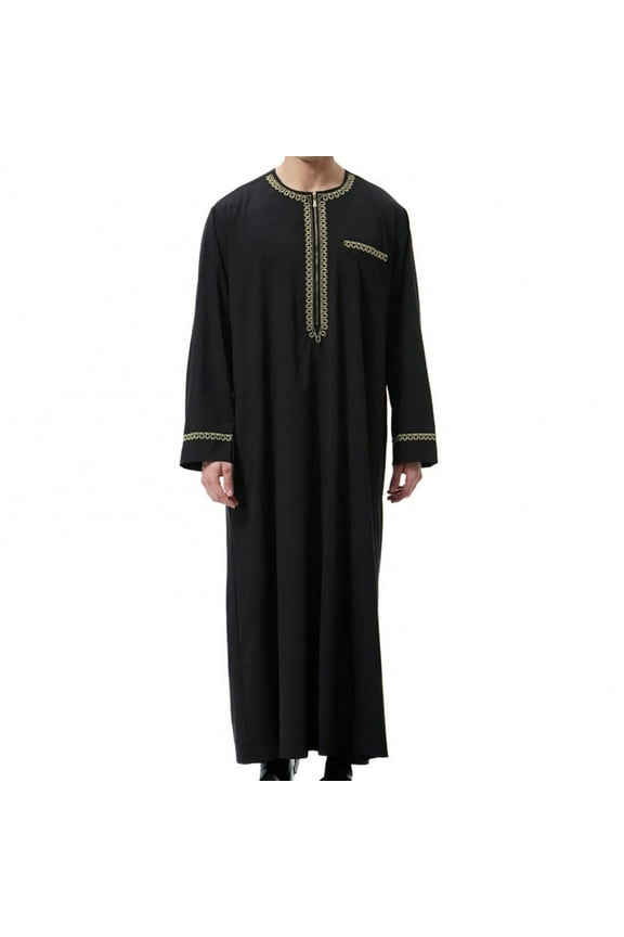 Arab Thobe Pakistani Dress for Men Afghani Clothes for Men Men's Muslim Robe Arab Middle Robe Long Style Long Sleeve Embroidered Standing Neck Pocket Long Shirt Fashion Casual Robe Black 2X