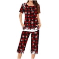 thumbnail image 1 of asdoklhq Bamboo Pajamas for Women Fashionable and Casual Loose Christmas Printed Round Neck Short Sleeved Button Top Cropped Pants Pajamas Sleepwear Set Red M, 1 of 6
