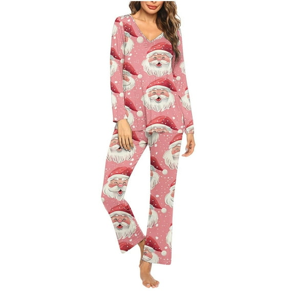 asdoklhq Bamboo Pajamas for Women Ladies' Christmas Printed V-neck Casual Long Top Pants Pajama Set Pink S