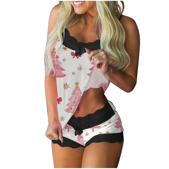 asdoklhq Bamboo Pajamas for Women Womens Holiday Lace Sling Sleeveless Tank Splicing Shorts Casual Pajamas Set Pink M