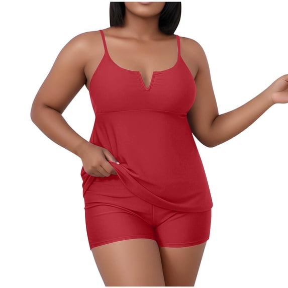 asdoklhq Bathing Suit Tankini Swimsuits Floral Women's Oversized Casual Solid Color Split Tank Top with Chest Cushion Swimsuit Set Red 5X