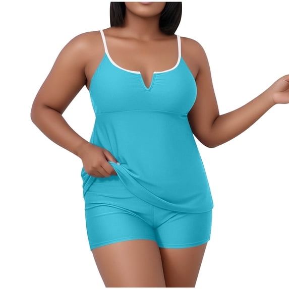 asdoklhq Bathing Suit Tankini Swimsuits Floral Women's Oversized Casual Solid Color Split Tank Top with Chest Cushion Swimsuit Set Sky Blue 3X