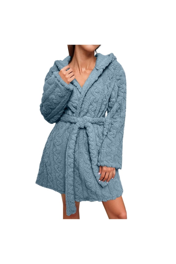 Bathrobe for Women Fashion Women's Casual Solid Long Sleeve Ladies Loose Keep Warm Robes Faux Velvet Sleepwear Dress Nightgowns Light Blue XL