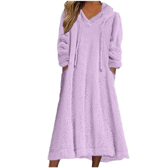 asdoklhq Bathrobes for Women Women Fashion Solid Color Pocket Hooded Long Sleeve Dress Purple XL