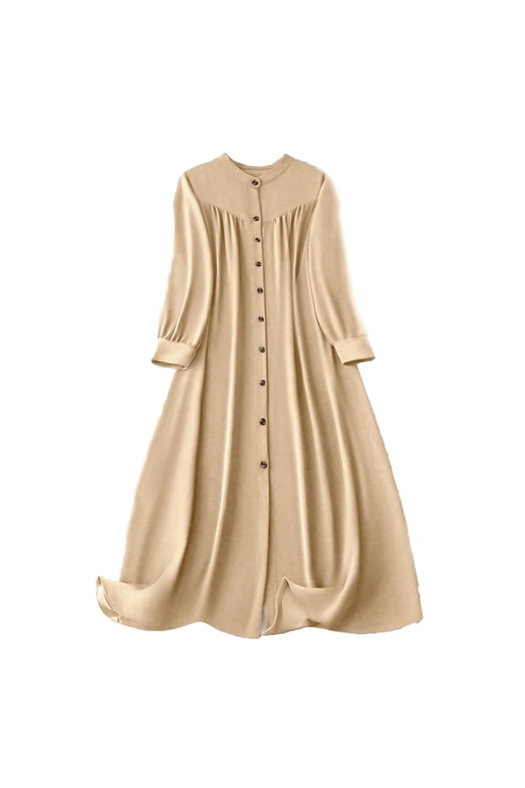 Beach Dresses for Women Moomoo Dresses Ladies Fashion Women Long Sleeve Dress V-Neck Dress Button Solid Long Dresses Khaki 2X