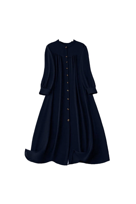 Beach Dresses for Women Moomoo Dresses Ladies Fashion Women Long Sleeve Dress V-Neck Dress Button Solid Long Dresses Navy 4X