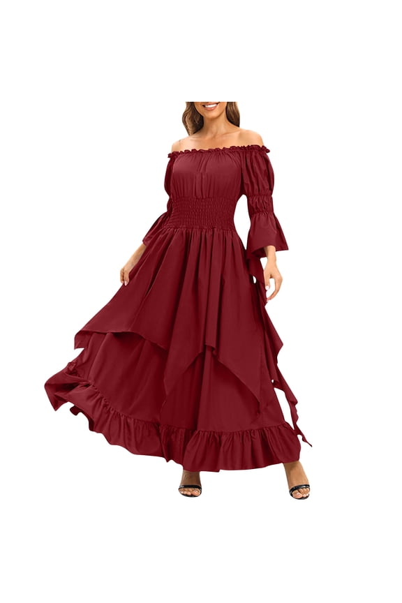 Birthday Dresses for Women Medieval Off-Shoulder Tunic Long Sleeve Dress Red M