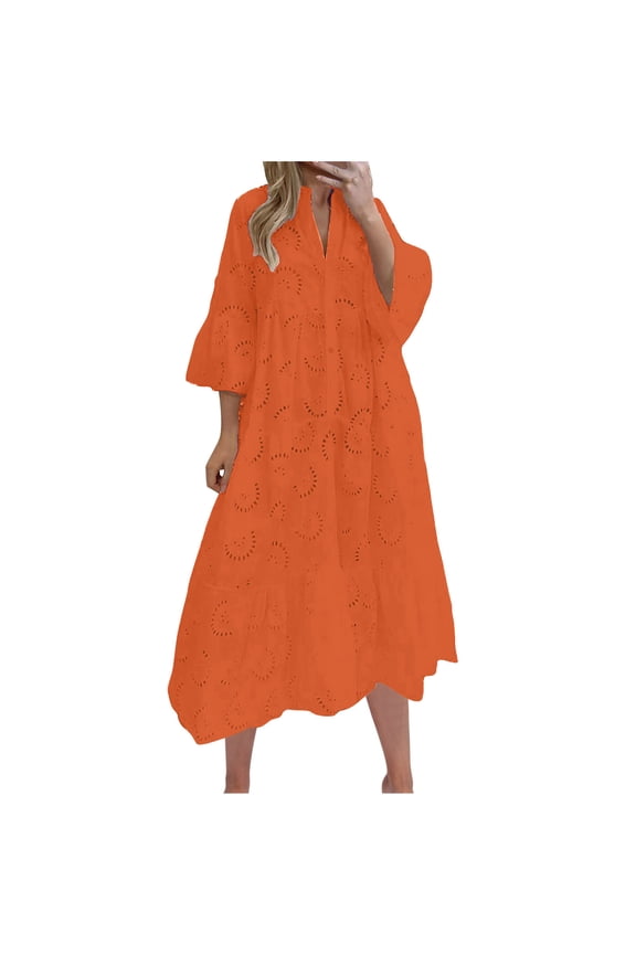 Birthday Dresses for Women Round Neck Solid Color Quarter Sleeved French-neck Flared Sleeve Hollowed Out Long Dress Orange 2X