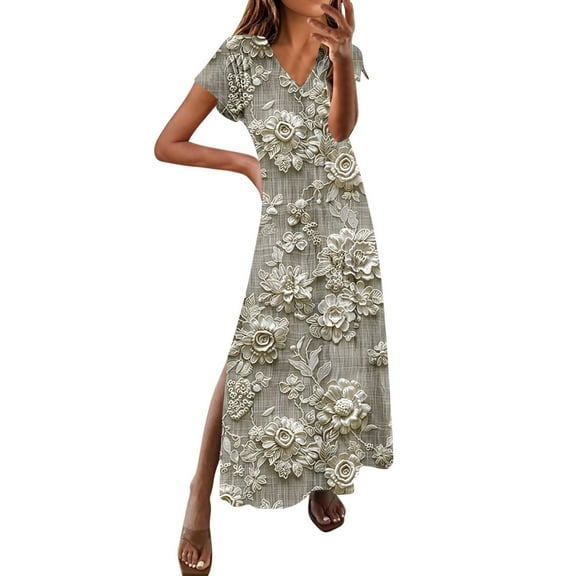 asdoklhq Black Dresses for Womens Spring and Summer V-Neck Solid Casual Short Sleeved Long Dress Multicolor M